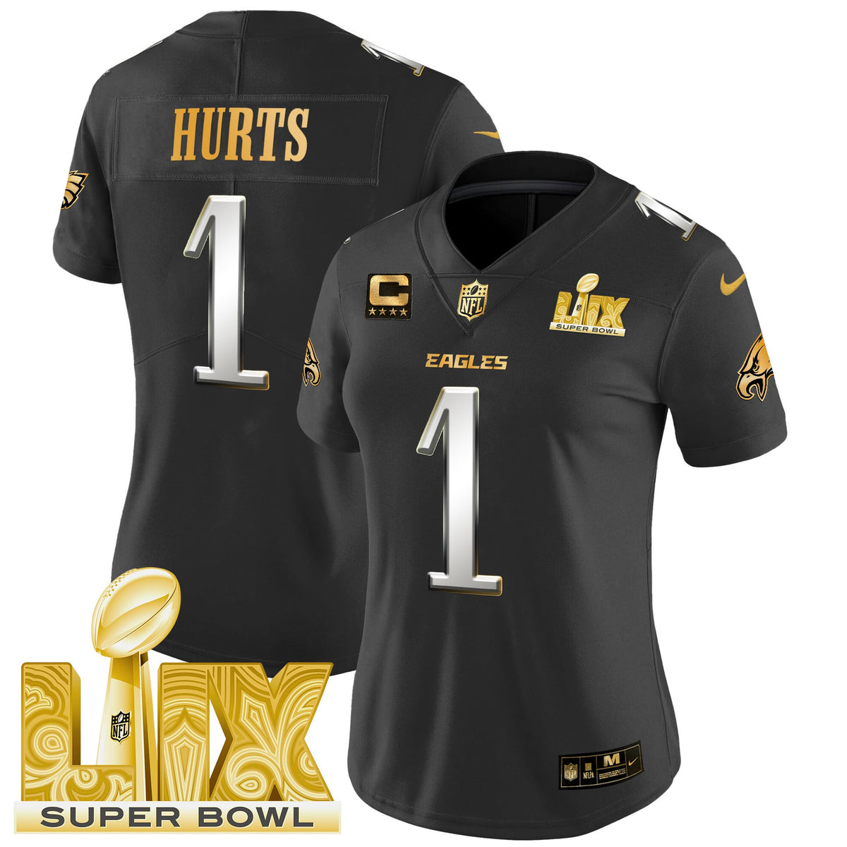 Women's Philadelphia Eagles Super Bowl LIX Patch Gold Vapor Limited Jersey - All Stitched