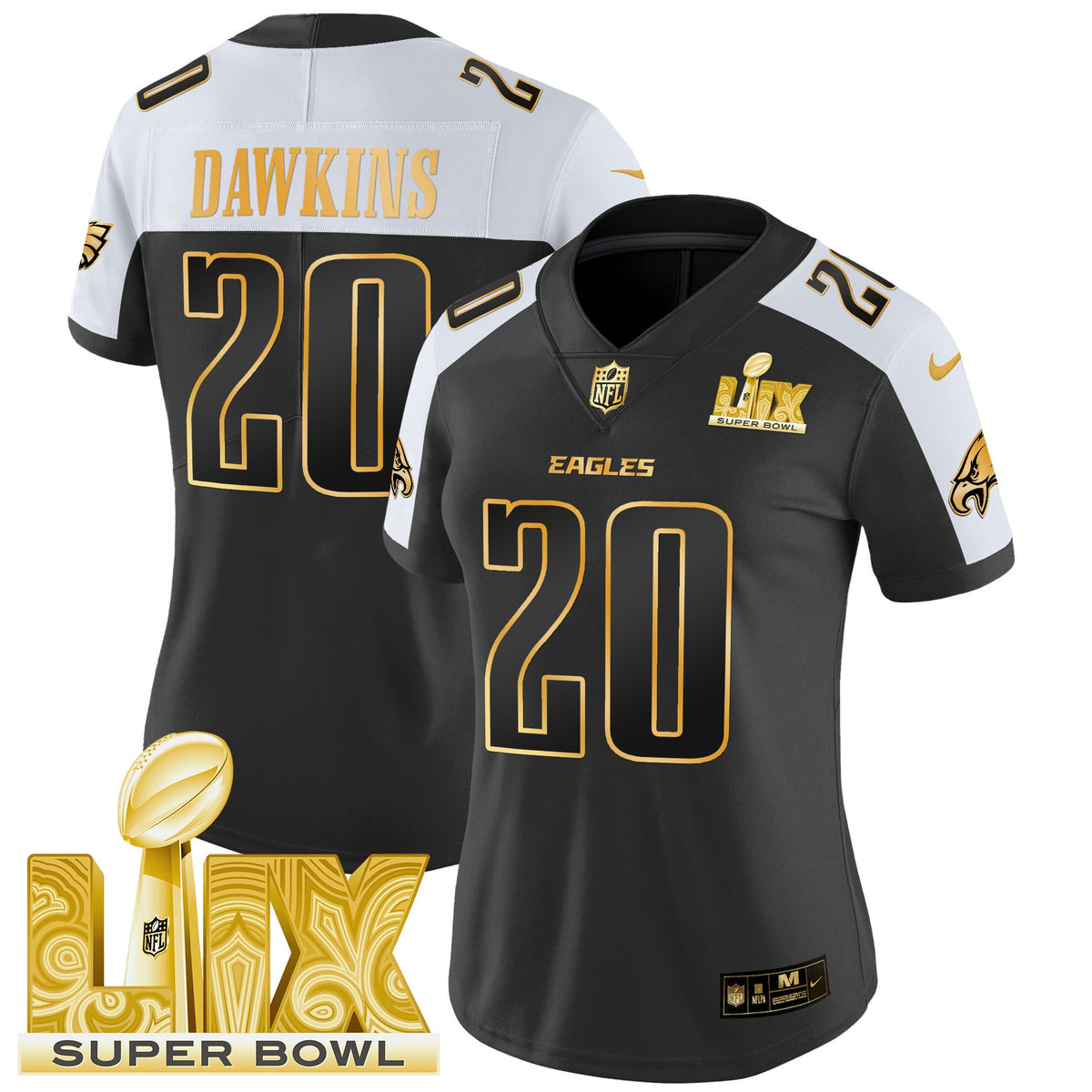 Women's Philadelphia Eagles Super Bowl LIX Patch Gold Vapor Limited Jersey - All Stitched