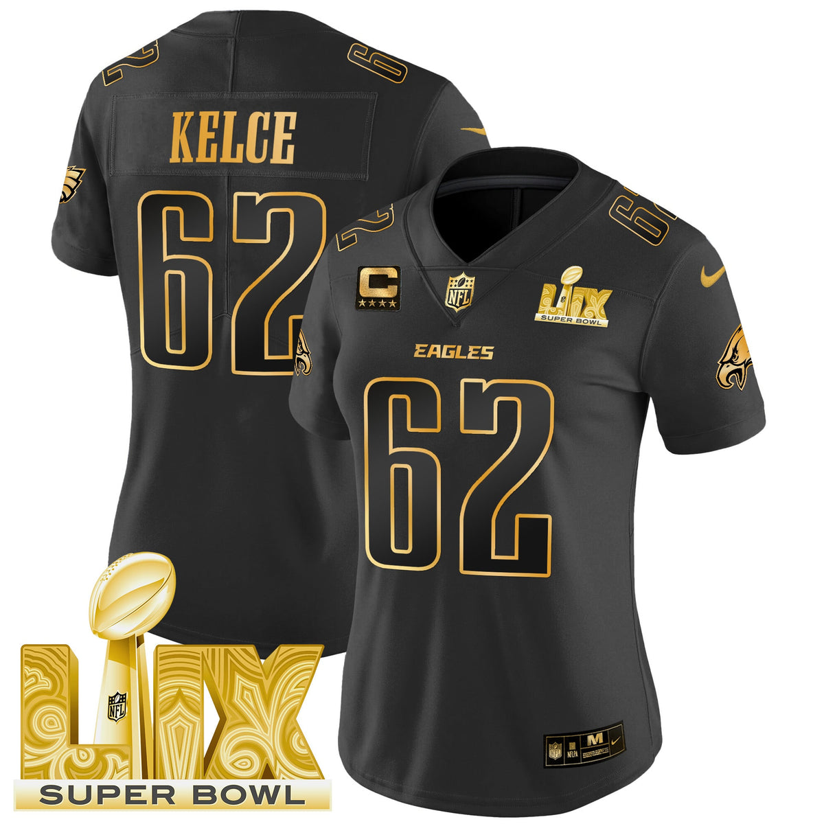 Women's Philadelphia Eagles Super Bowl LIX Patch Gold Vapor Limited Jersey - All Stitched