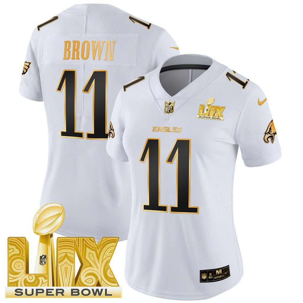 Women's Philadelphia Eagles Super Bowl LIX Patch Gold Vapor Limited Jersey - All Stitched
