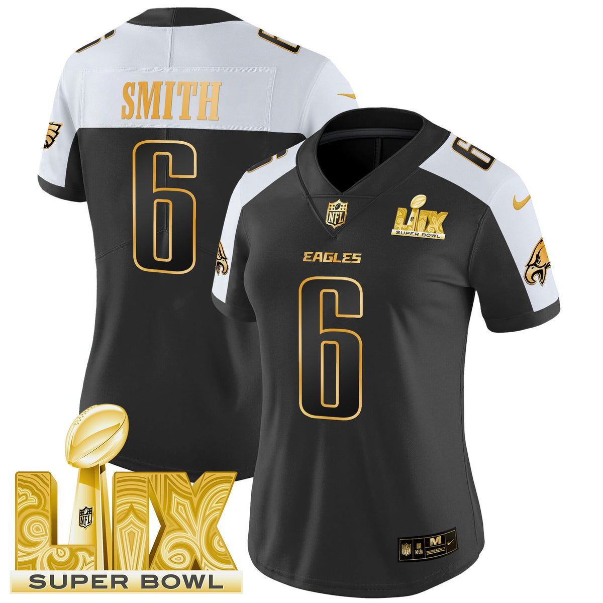 Women's Philadelphia Eagles Super Bowl LIX Patch Gold Vapor Limited Jersey - All Stitched