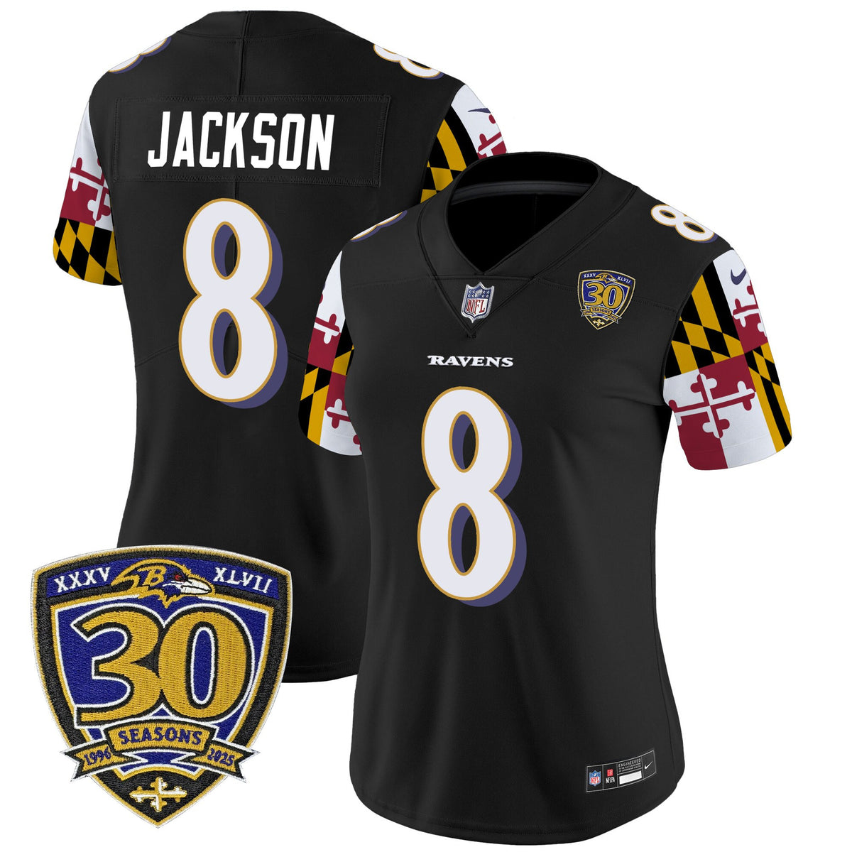 Women's Baltimore Ravens 'Maryland Flag Edition' Vapor Limited Jersey - 30th Anniversary Patch - All Stitched