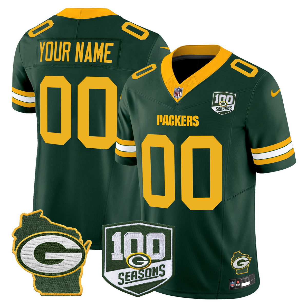 Green Bay Packers 100th Season & Home Patch Vapor Limited Custom Jersey - All Stitched
