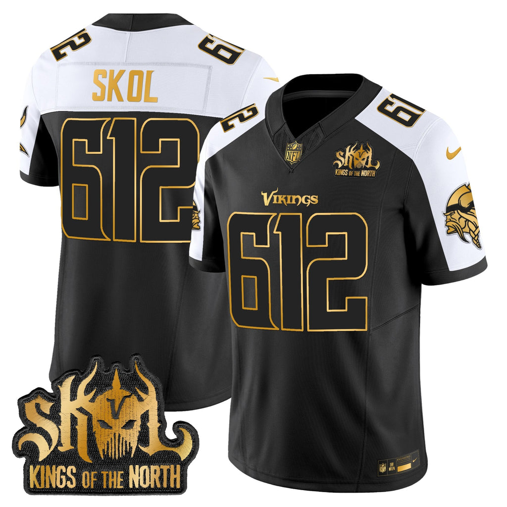 Men's Minnesota Vikings 2025 Gold Vapor Limited Jersey - Kings Of The North Patch - All Stitched