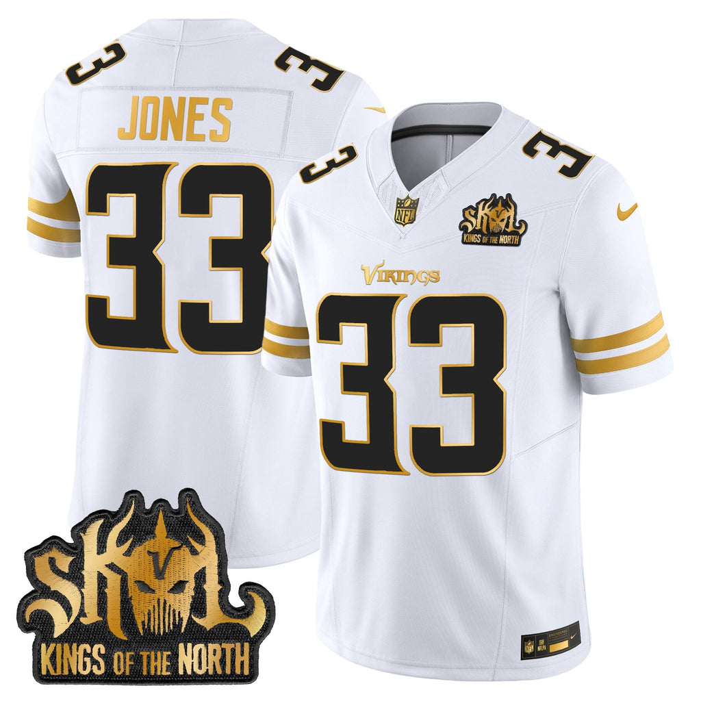 Men's Minnesota Vikings 2025 Gold Vapor Limited Jersey - Kings Of The North Patch - All Stitched