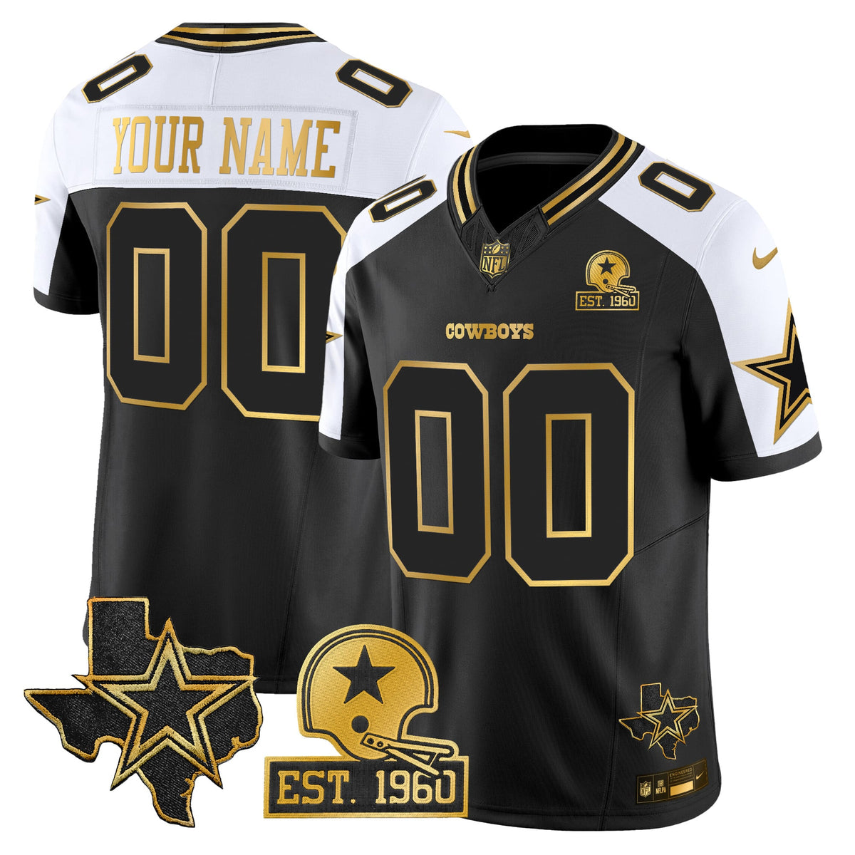 Dallas Cowboys Est. 1960 & Texas Patch Gold Vapor Limited Custom Jersey - All Stitched