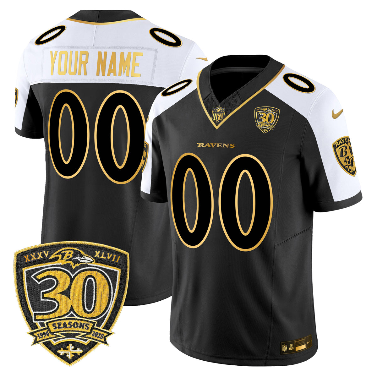 Baltimore Ravens 2025 Gold Vapor Limited Custom Jersey - 30th Anniversary Patch - All Stitched