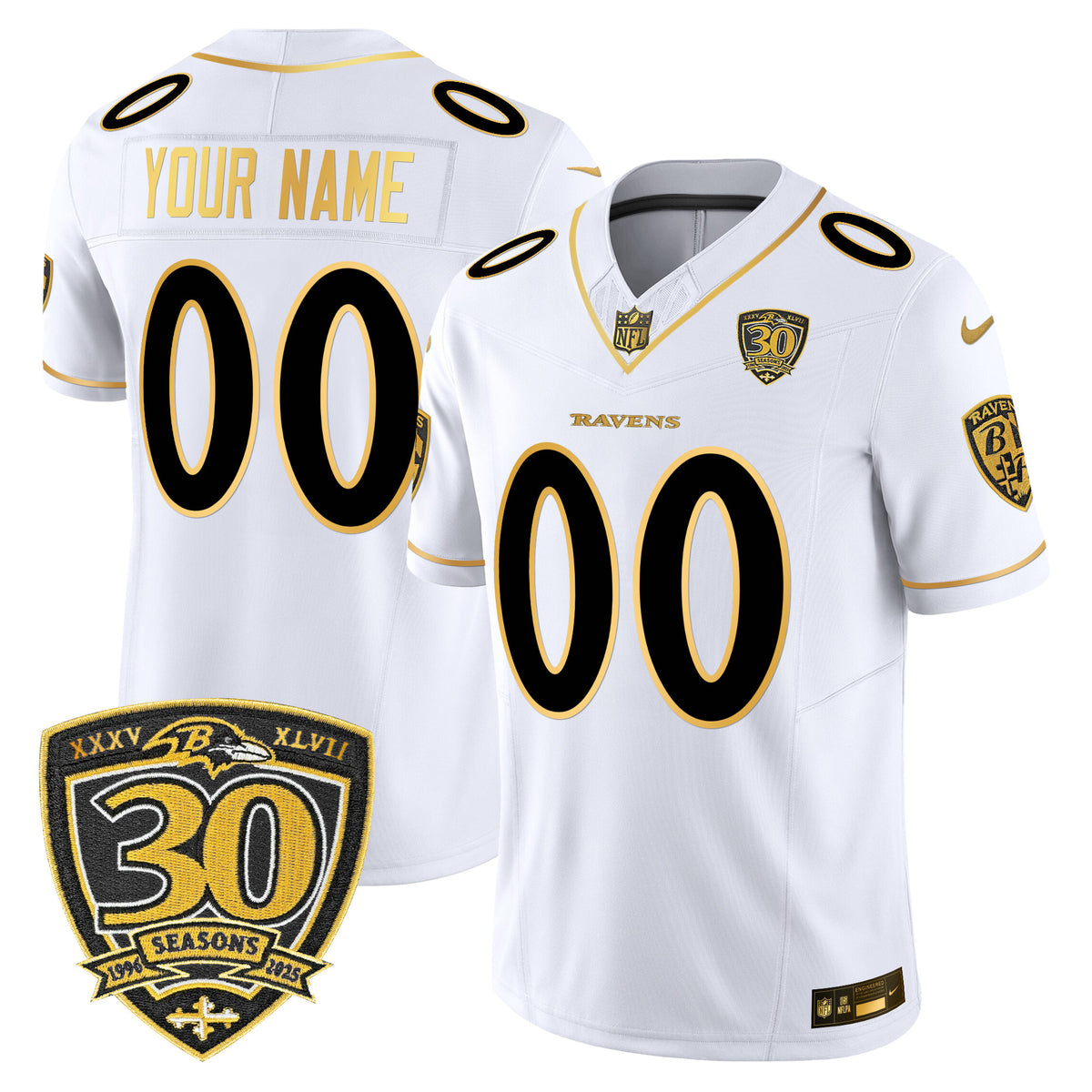 Baltimore Ravens 2025 Gold Vapor Limited Custom Jersey - 30th Anniversary Patch - All Stitched