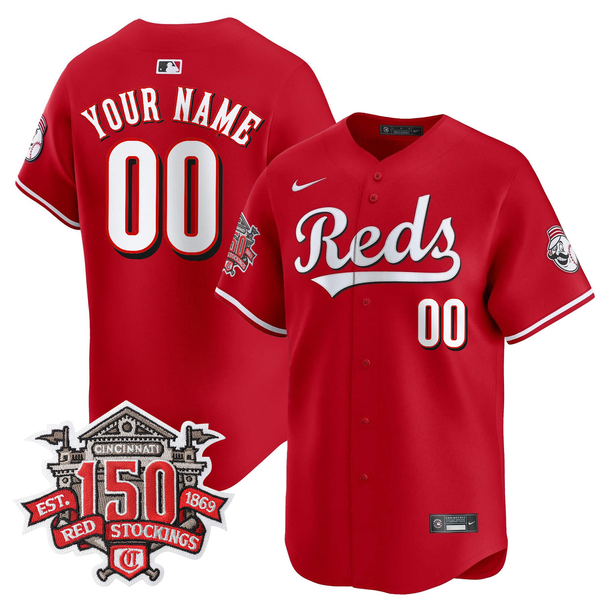 Cincinnati Reds 150th Anniversary Patch Vapor Premier Limited Custom Jersey - All Stitched