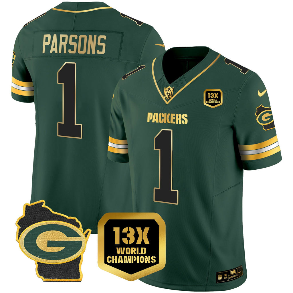 Green Bay Packers 13x Time World Champions Patch Gold Limited Jersey – All Stitched