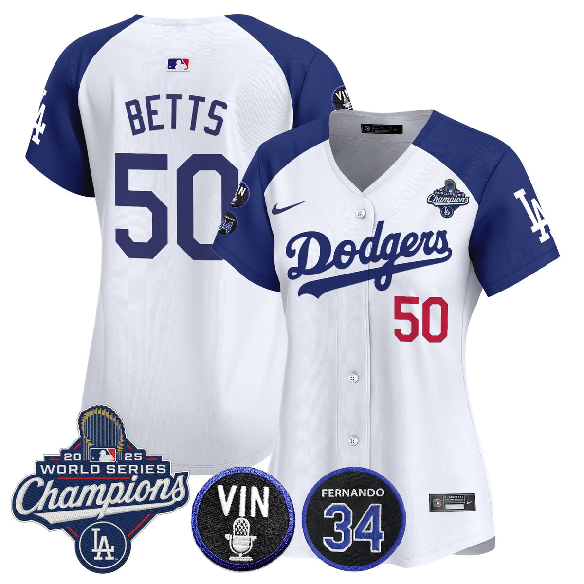 Women's Dodgers 2025 World Series Champions Vapor Premier Limited Jersey - Vin Scully & Fernando Patch - All Stitched