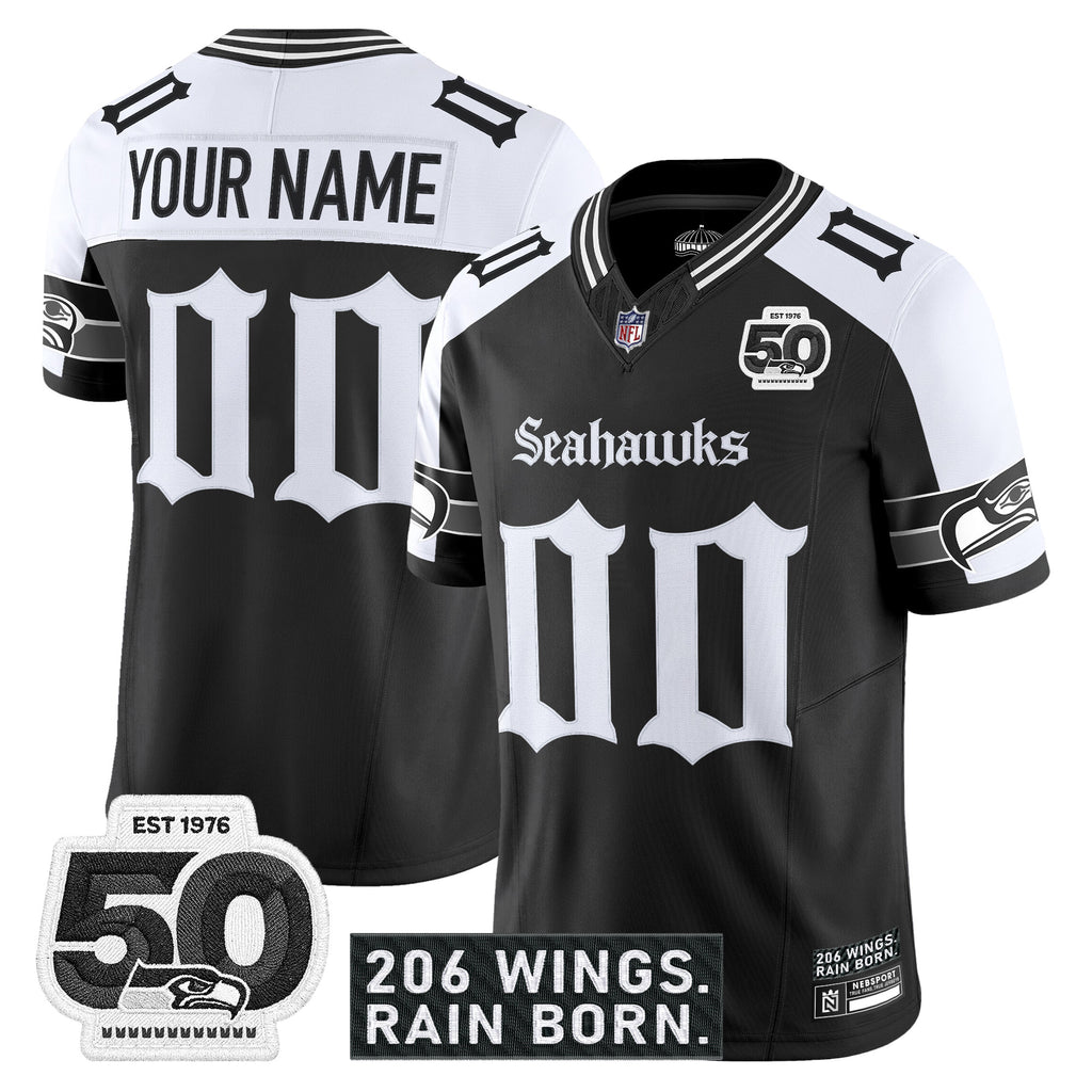 Seattle Seahawks 'Gothic Rain City Shadows Edition' Vapor Custom Jersey - 50th Anniversary Patch - All Stitched