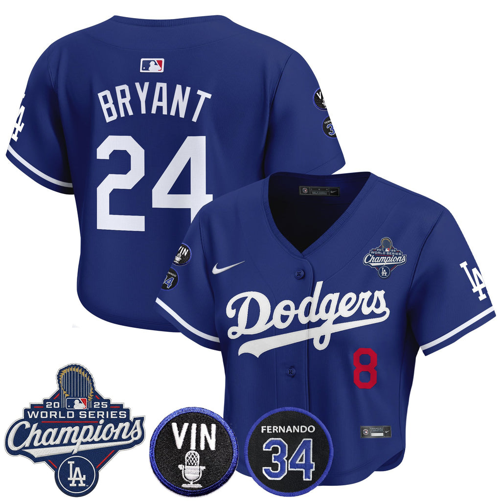 Women's Dodgers 2025 World Series Champions Crop Top Baseball Jersey - Vin Scully & Fernando Patch - All Stitched
