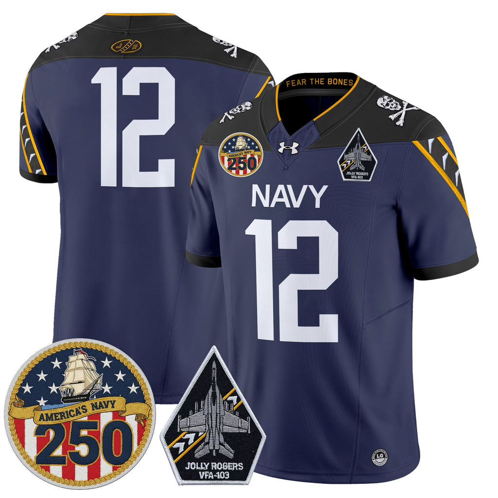 Men's Navy Midshipmen 'Jolly Rogers Edition' Vapor Limited Jersey - 250th Anniversary Patch - All Stitched