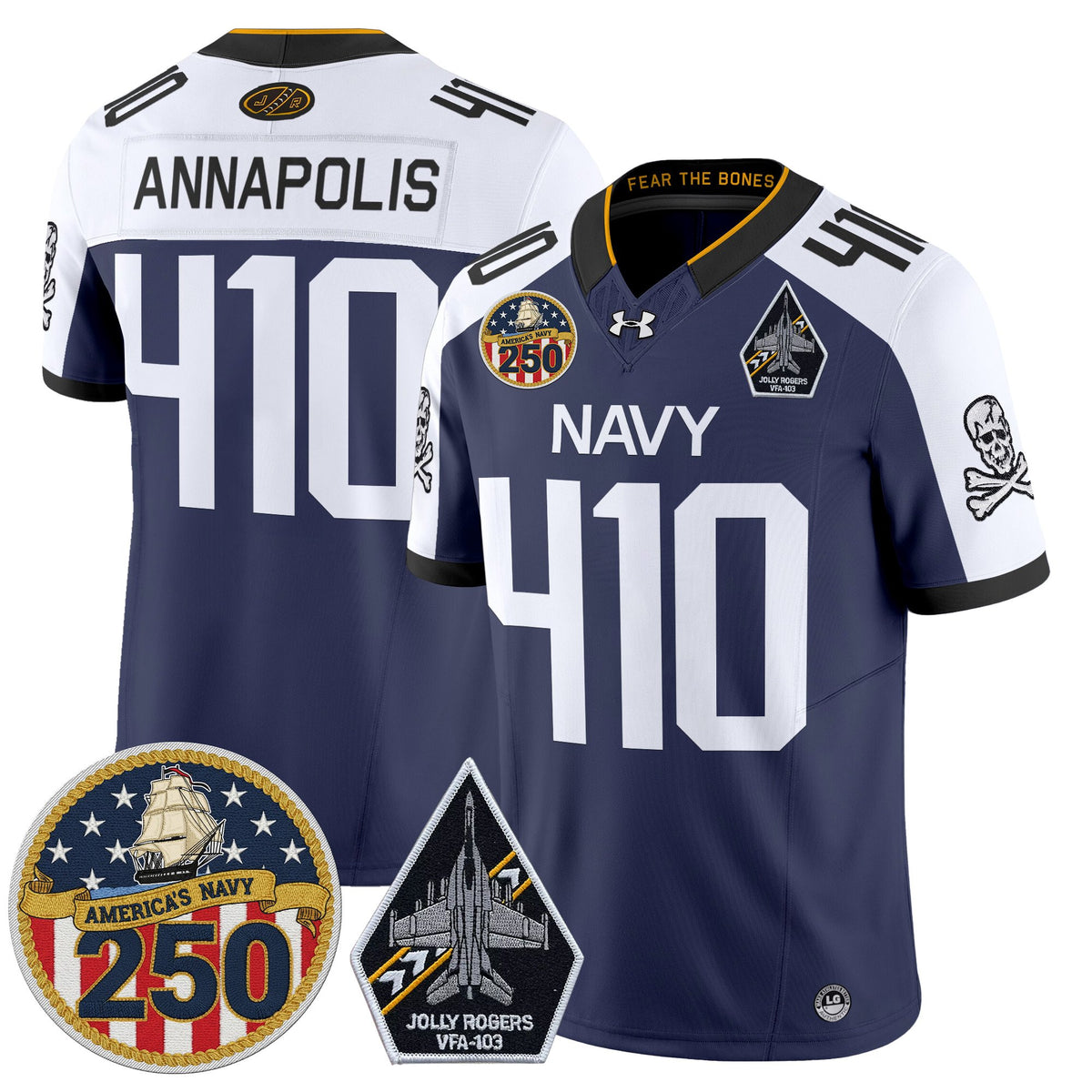 Men's Navy Midshipmen 'Jolly Rogers Edition' Vapor Limited Jersey - 250th Anniversary Patch - All Stitched