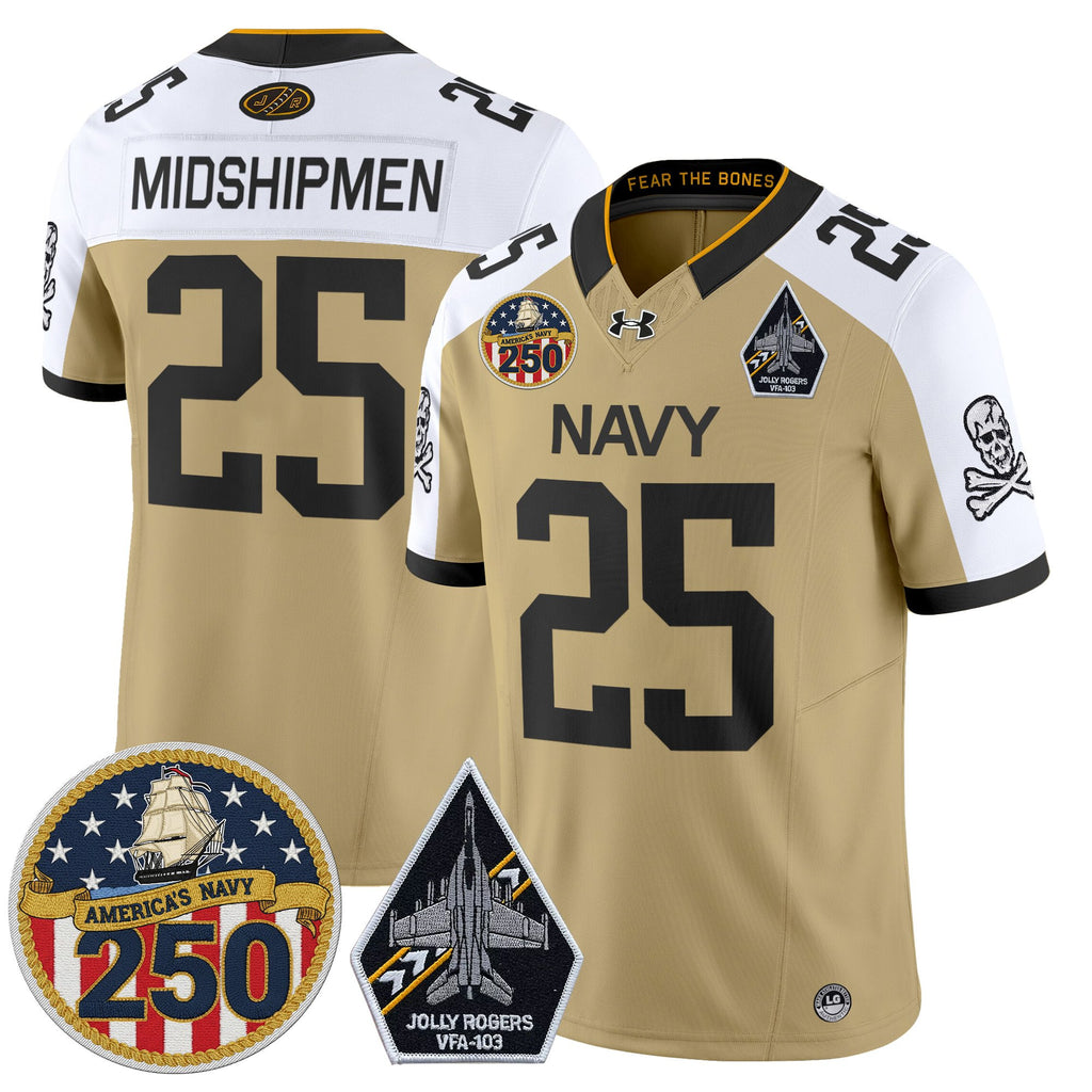 Men's Navy Midshipmen 'Jolly Rogers Edition' Vapor Limited Jersey - 250th Anniversary Patch - All Stitched