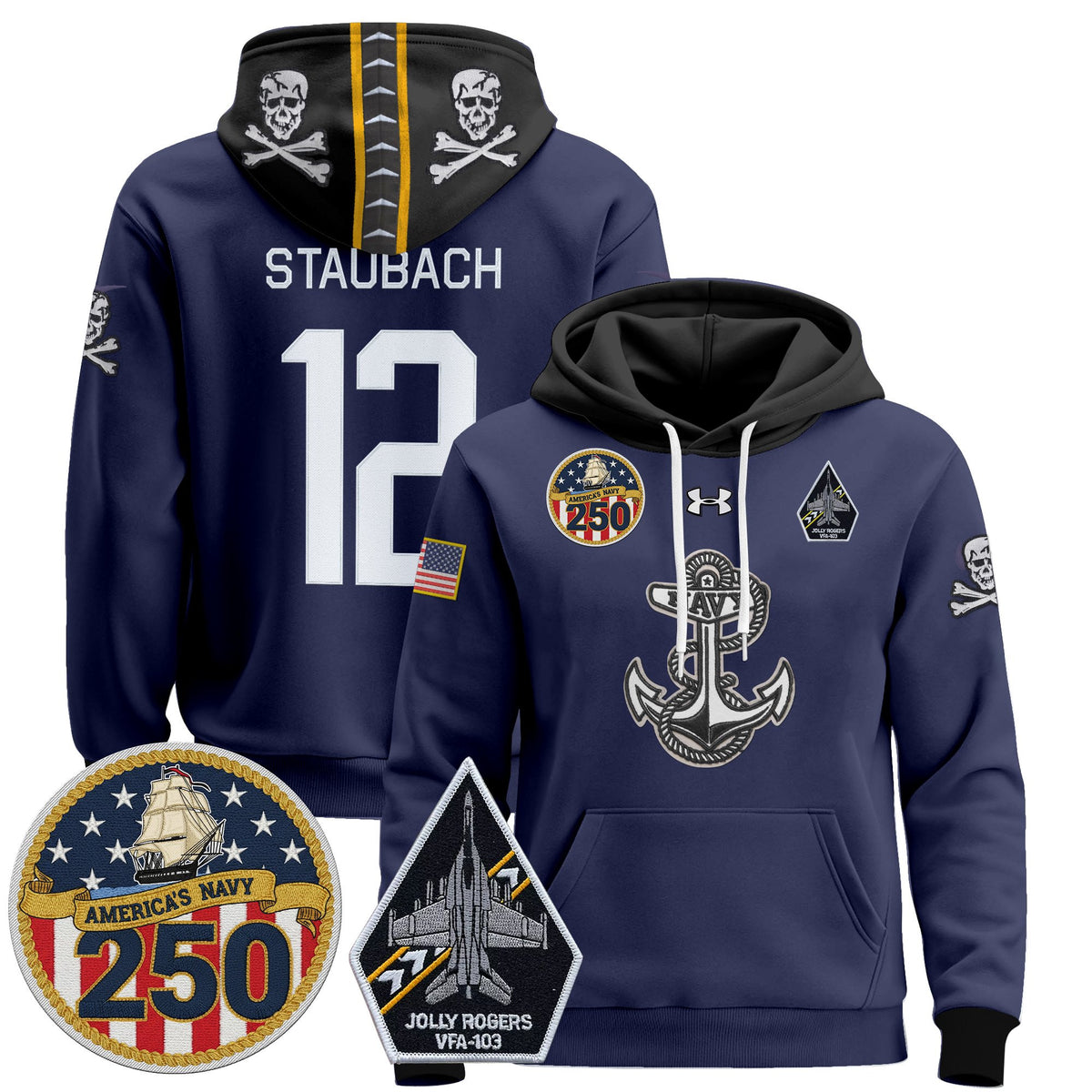 Men's Navy Midshipmen 'Jolly Rogers Edition' Pullover Hoodie - 250th Anniversary Patch - Stitched