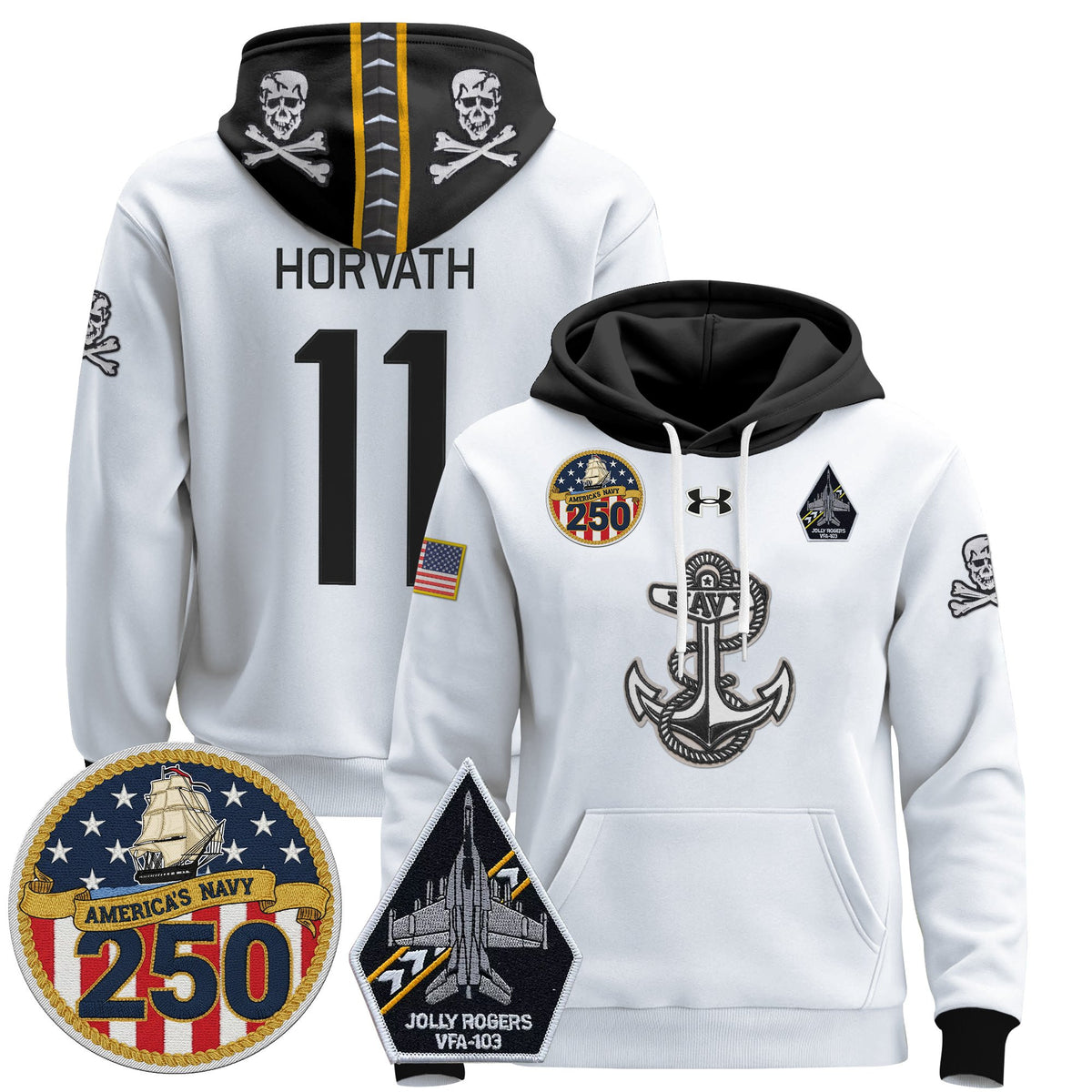 Men's Navy Midshipmen 'Jolly Rogers Edition' Pullover Hoodie - 250th Anniversary Patch - Stitched