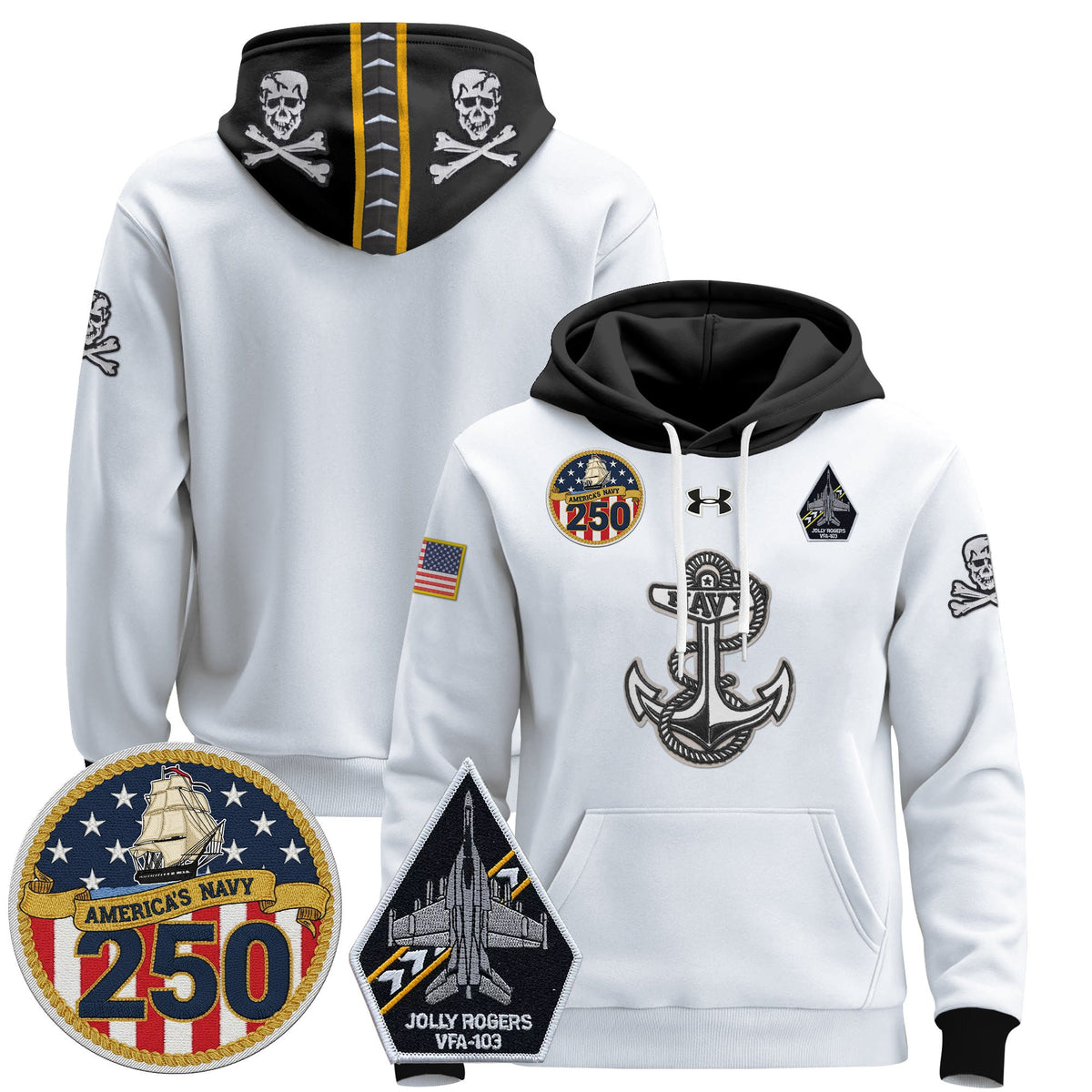Men's Navy Midshipmen 'Jolly Rogers Edition' Pullover Hoodie - 250th Anniversary Patch - Stitched