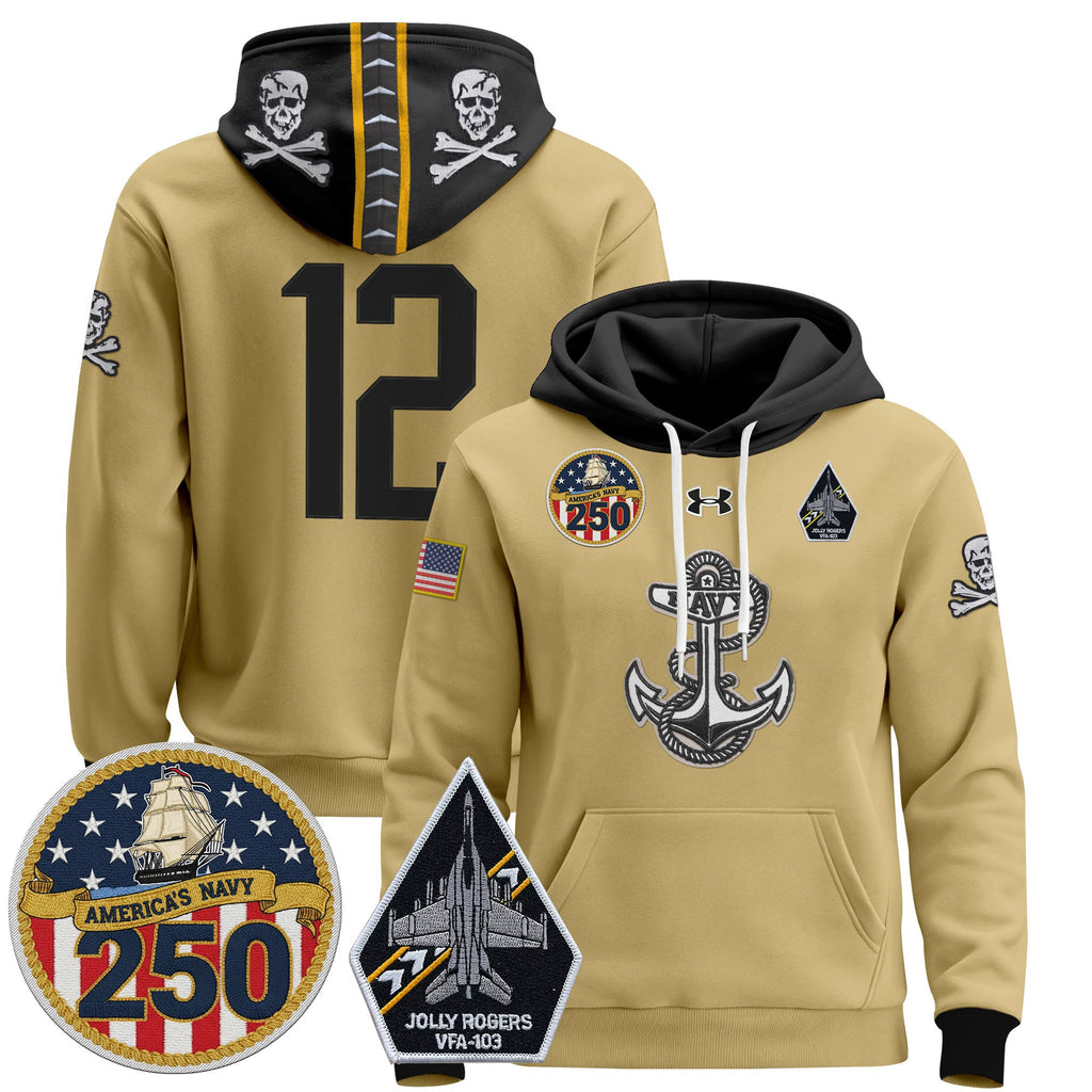Men's Navy Midshipmen 'Jolly Rogers Edition' Pullover Hoodie - 250th Anniversary Patch - Stitched