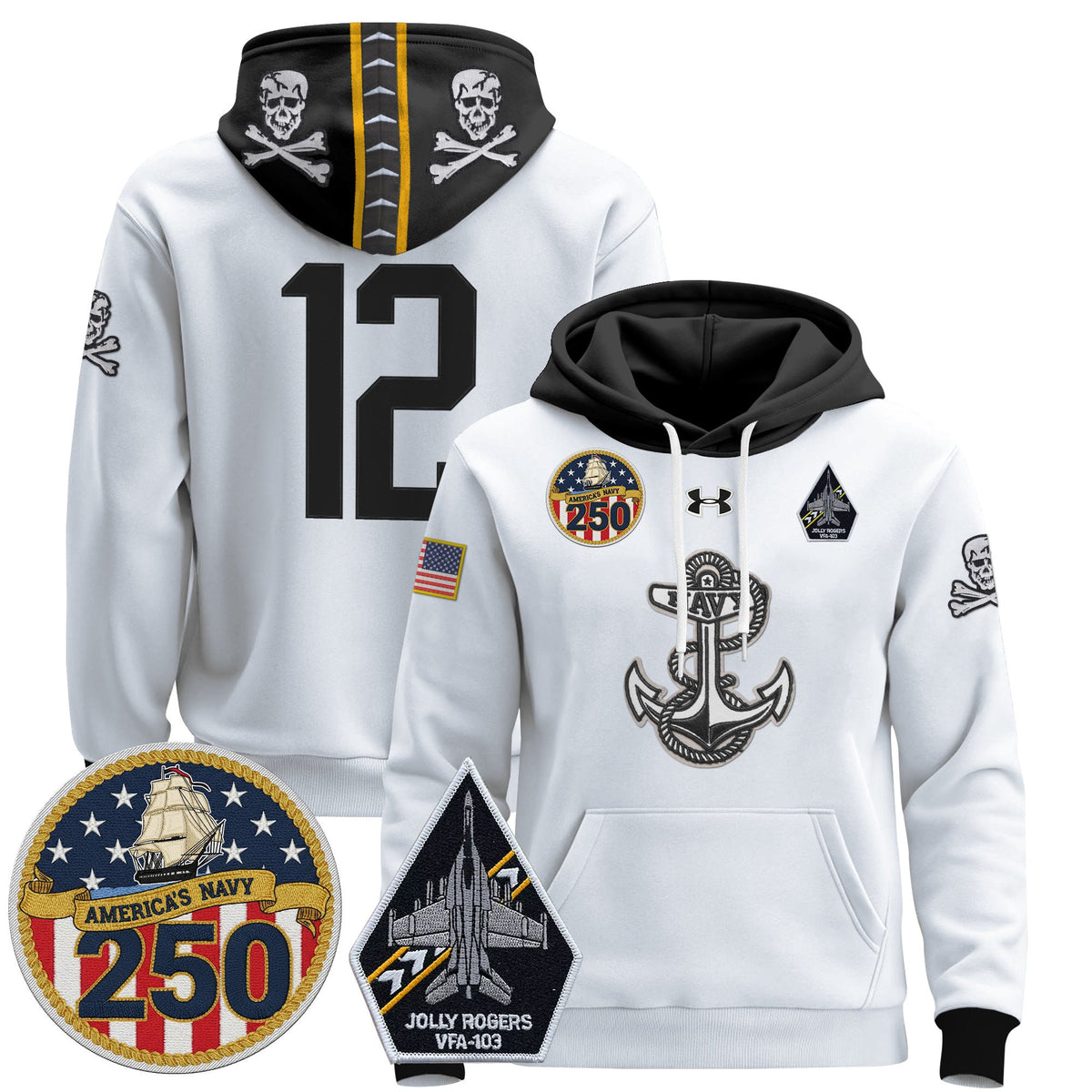 Men's Navy Midshipmen 'Jolly Rogers Edition' Pullover Hoodie - 250th Anniversary Patch - Stitched