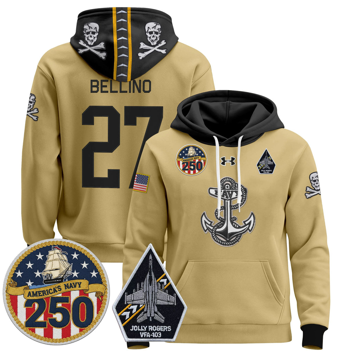 Men's Navy Midshipmen 'Jolly Rogers Edition' Pullover Hoodie - 250th Anniversary Patch - Stitched