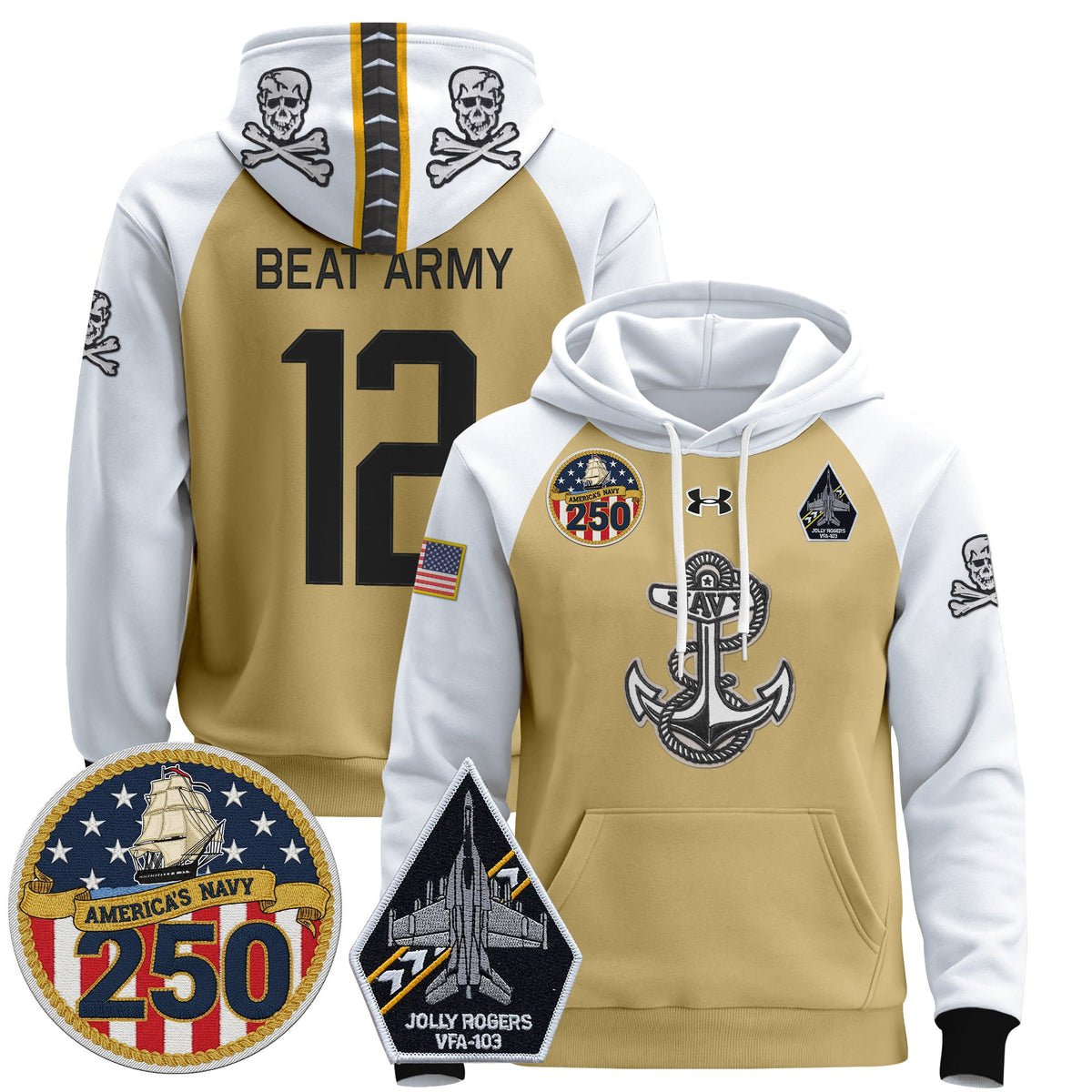 Men's Navy Midshipmen 'Jolly Rogers Edition' Pullover Hoodie - 250th Anniversary Patch - Stitched