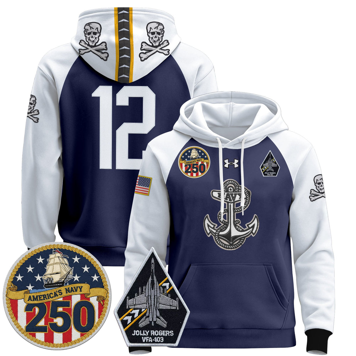 Men's Navy Midshipmen 'Jolly Rogers Edition' Pullover Hoodie - 250th Anniversary Patch - Stitched