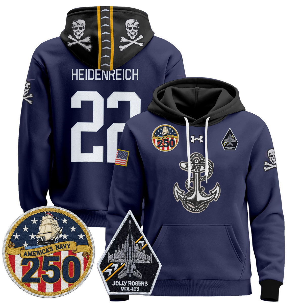 Men's Navy Midshipmen 'Jolly Rogers Edition' Pullover Hoodie - 250th Anniversary Patch - Stitched