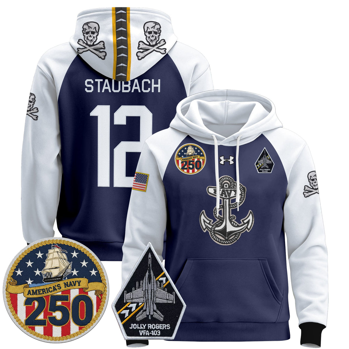 Men's Navy Midshipmen 'Jolly Rogers Edition' Pullover Hoodie - 250th Anniversary Patch - Stitched