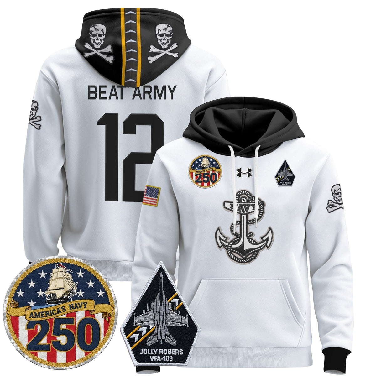 Men's Navy Midshipmen 'Jolly Rogers Edition' Pullover Hoodie - 250th Anniversary Patch - Stitched