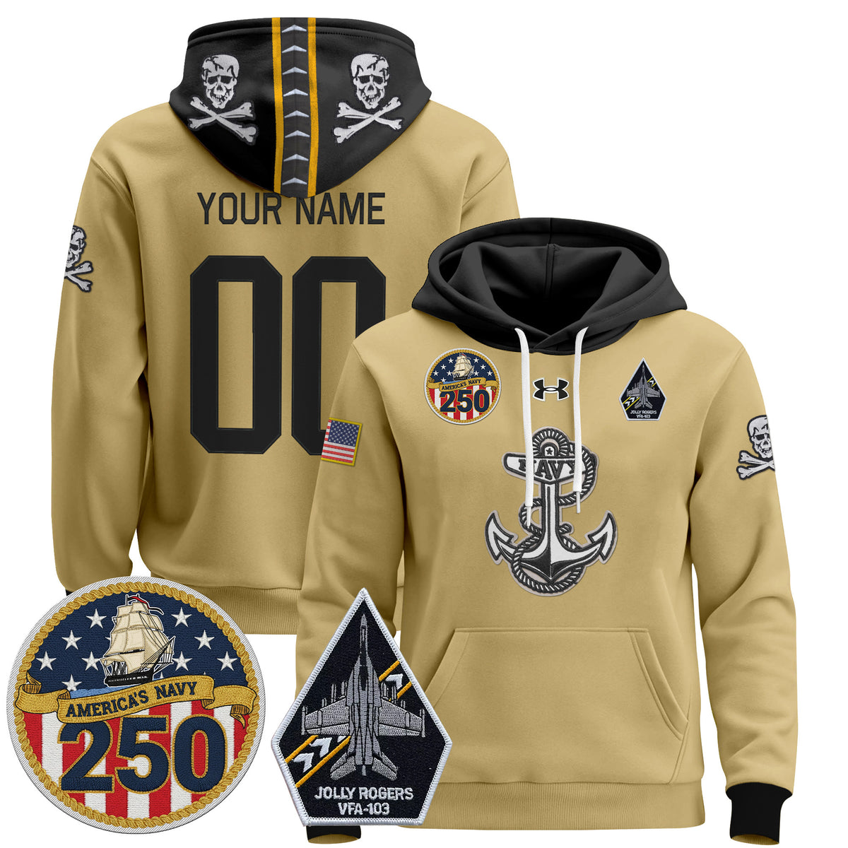 Navy Midshipmen 'Jolly Rogers Edition' Custom Pullover Hoodie - 250th Anniversary Patch - Stitched