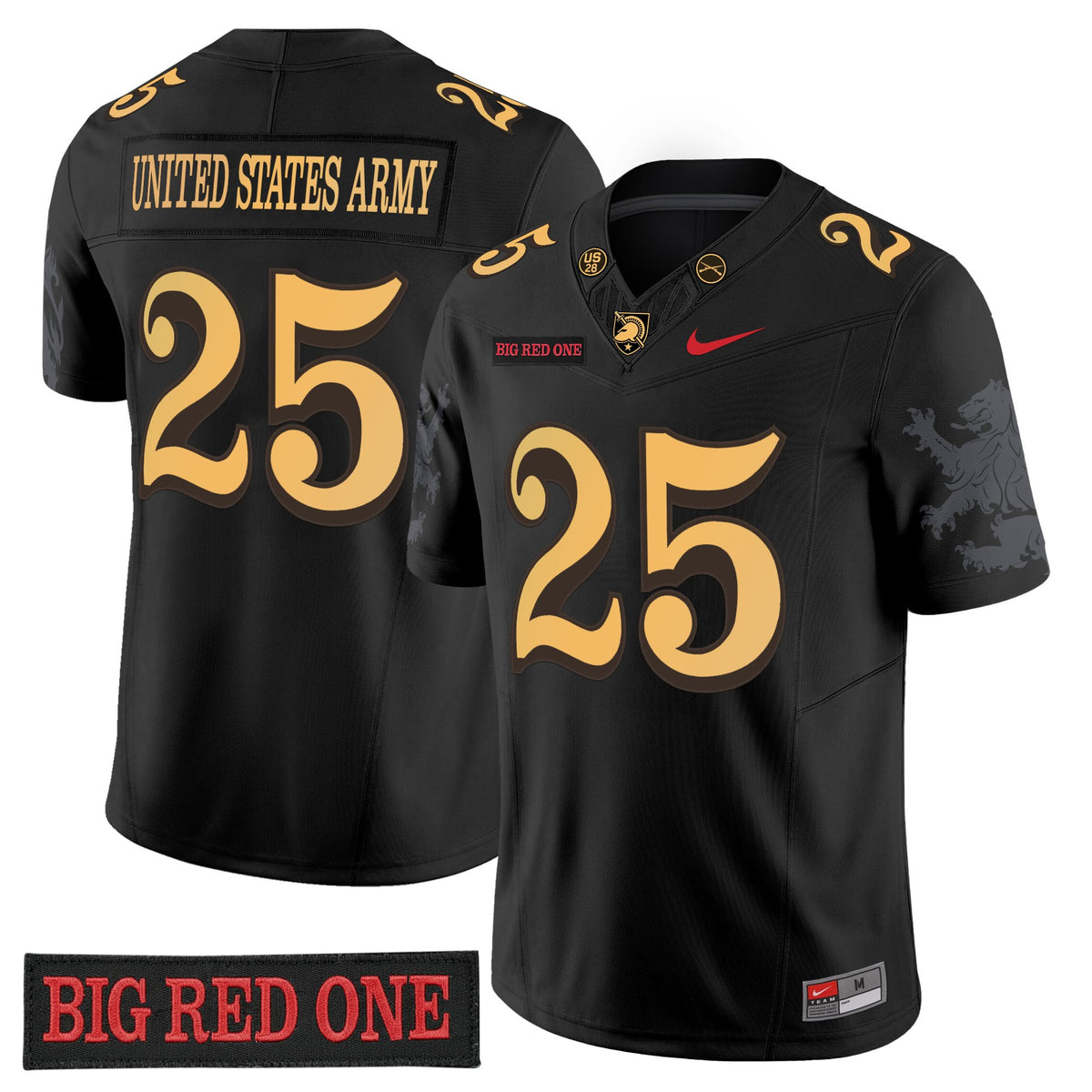 Army Black Knights 'Big Red One Edition' Vapor Jersey - Stitched Numbers/Patches - Black Lion Graphic Sleeves