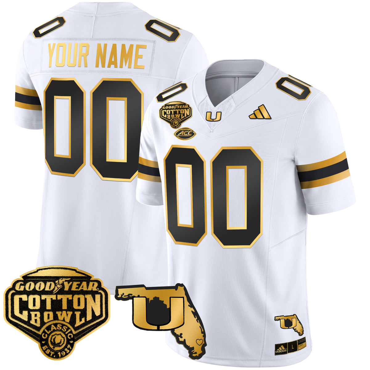 Miami Hurricanes 2025/26 Cotton Bowl & Florida Patch Gold Vapor Limited Custom Jersey - All Stitched