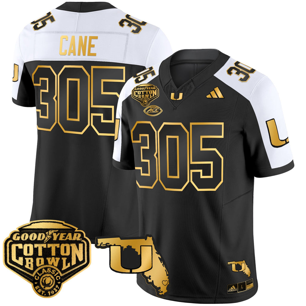 Men's Miami Hurricanes 2025/26 Cotton Bowl & Florida Patch Gold Vapor Limited Jersey - All Stitched