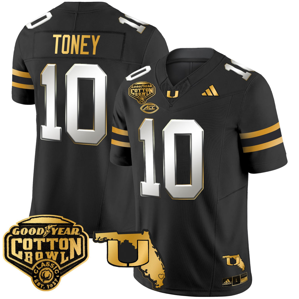 Men's Miami Hurricanes 2025/26 Cotton Bowl & Florida Patch Gold Vapor Limited Jersey - All Stitched
