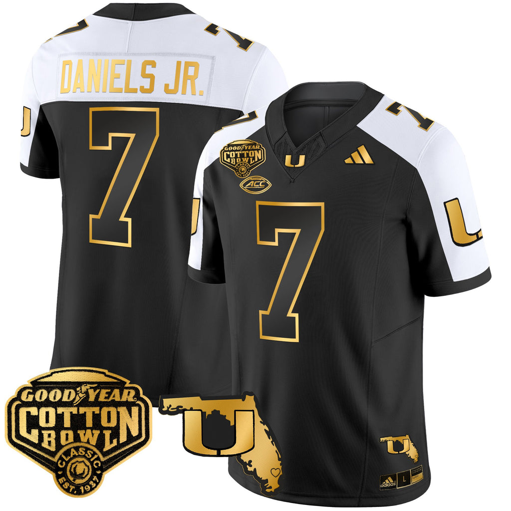 Men's Miami Hurricanes 2025/26 Cotton Bowl & Florida Patch Gold Vapor Limited Jersey - All Stitched
