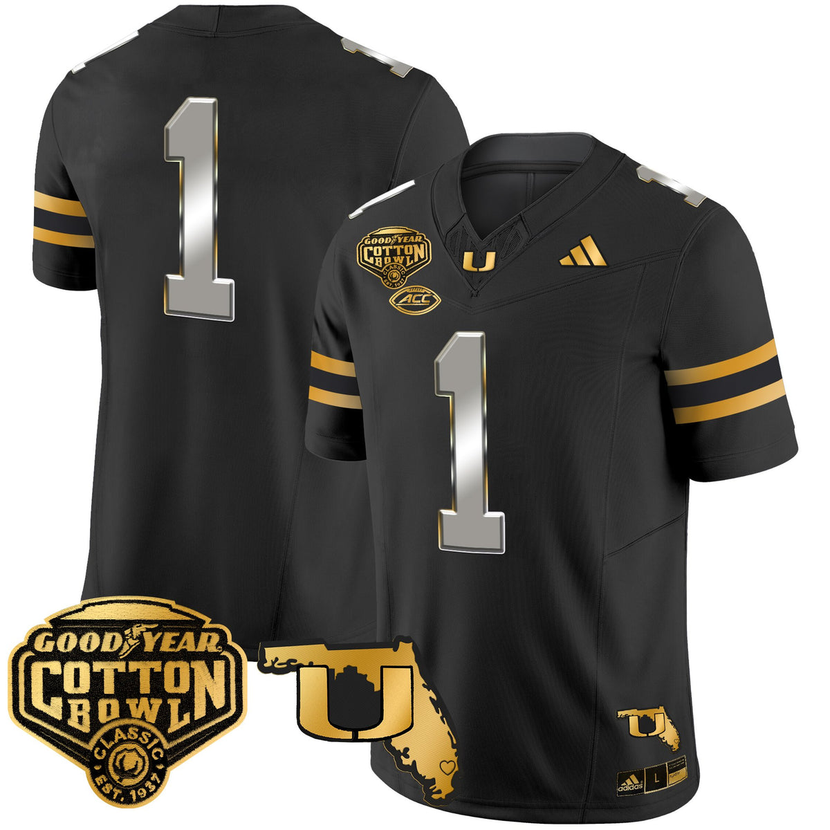 Men's Miami Hurricanes 2025/26 Cotton Bowl & Florida Patch Gold Vapor Limited Jersey - All Stitched