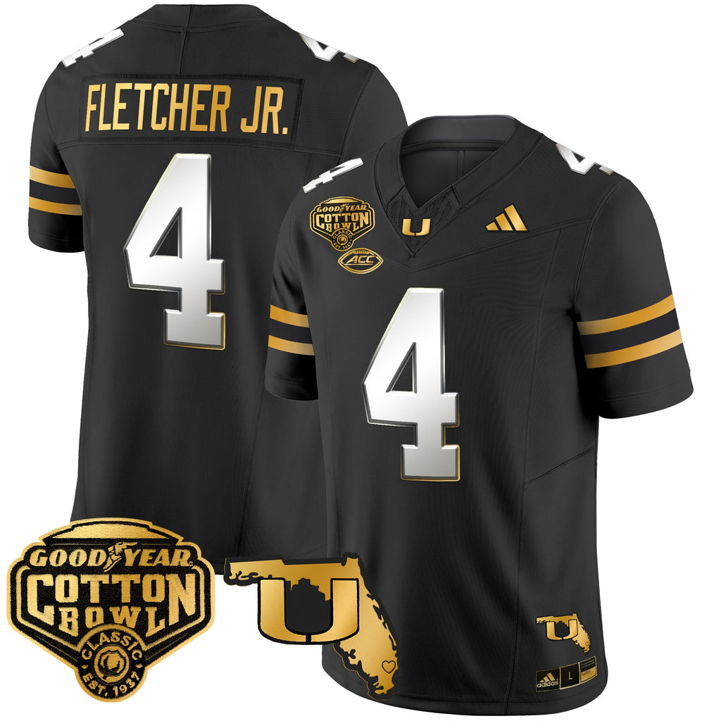 Men's Miami Hurricanes 2025/26 Cotton Bowl & Florida Patch Gold Vapor Limited Jersey - All Stitched