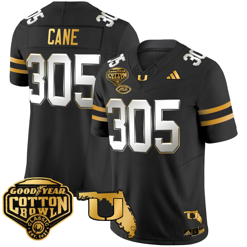 Men's Miami Hurricanes 2025/26 Cotton Bowl & Florida Patch Gold Vapor Limited Jersey - All Stitched