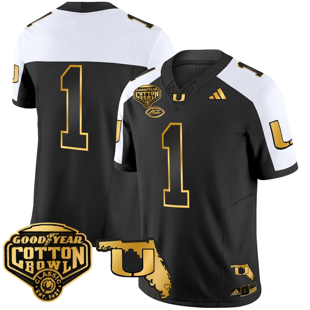 Men's Miami Hurricanes 2025/26 Cotton Bowl & Florida Patch Gold Vapor Limited Jersey - All Stitched