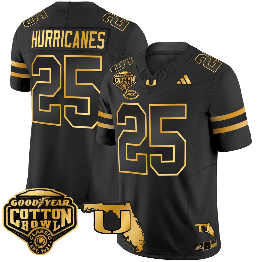 Men's Miami Hurricanes 2025/26 Cotton Bowl & Florida Patch Gold Vapor Limited Jersey - All Stitched