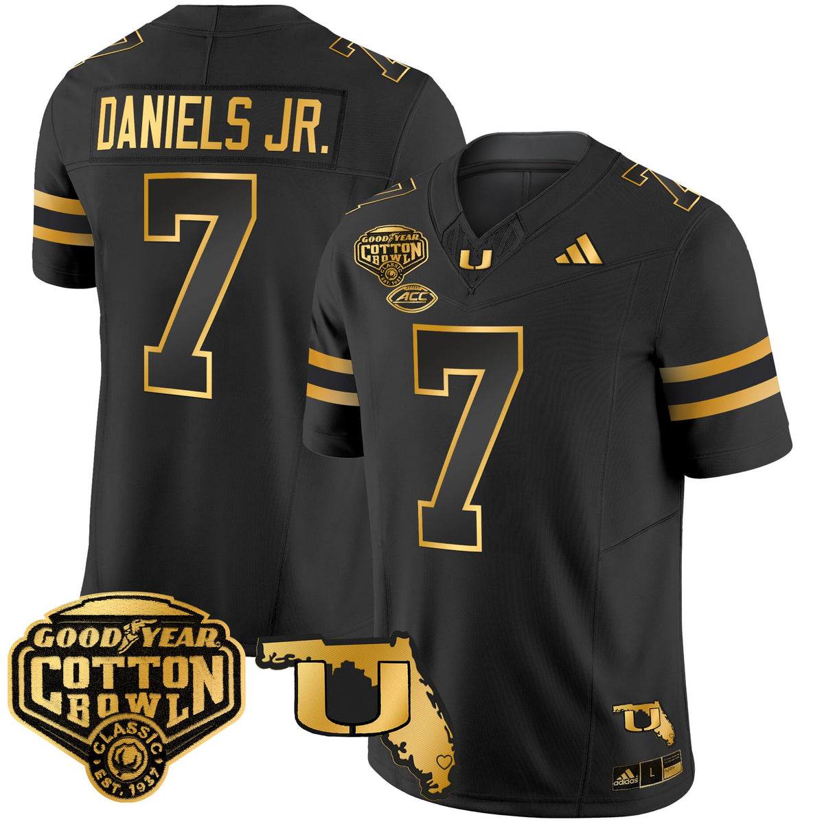Men's Miami Hurricanes 2025/26 Cotton Bowl & Florida Patch Gold Vapor Limited Jersey - All Stitched