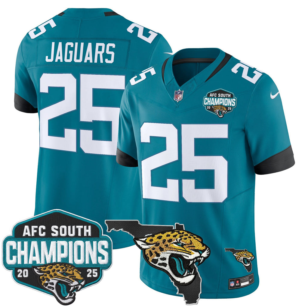 Men's Jacksonville Jaguars 2025 AFC South Division Champions & Florida Patch Vapor Jersey - All Stitched