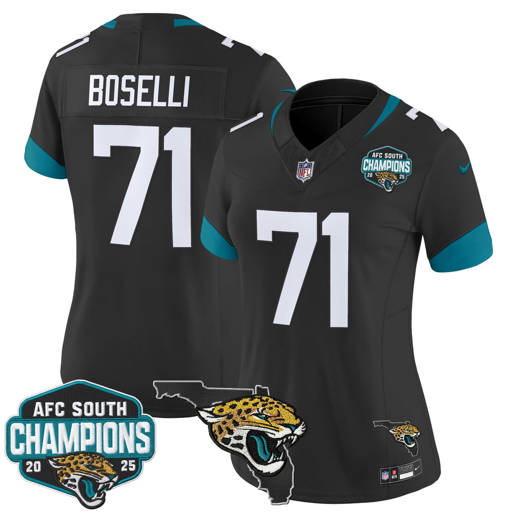 Women's Jacksonville Jaguars 2025 AFC South Division Champions & Florida Patch Vapor Jersey - All Stitched