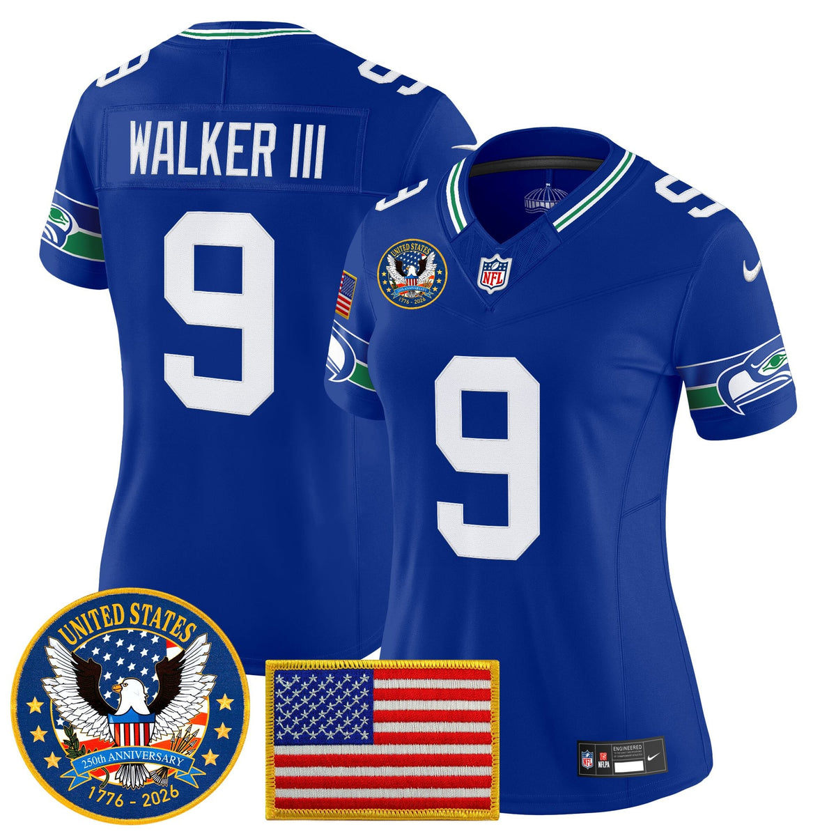 Women's Seattle Seahawks "United States 250th Anniversary Patch" Vapor Limited Jersey - All Stitched