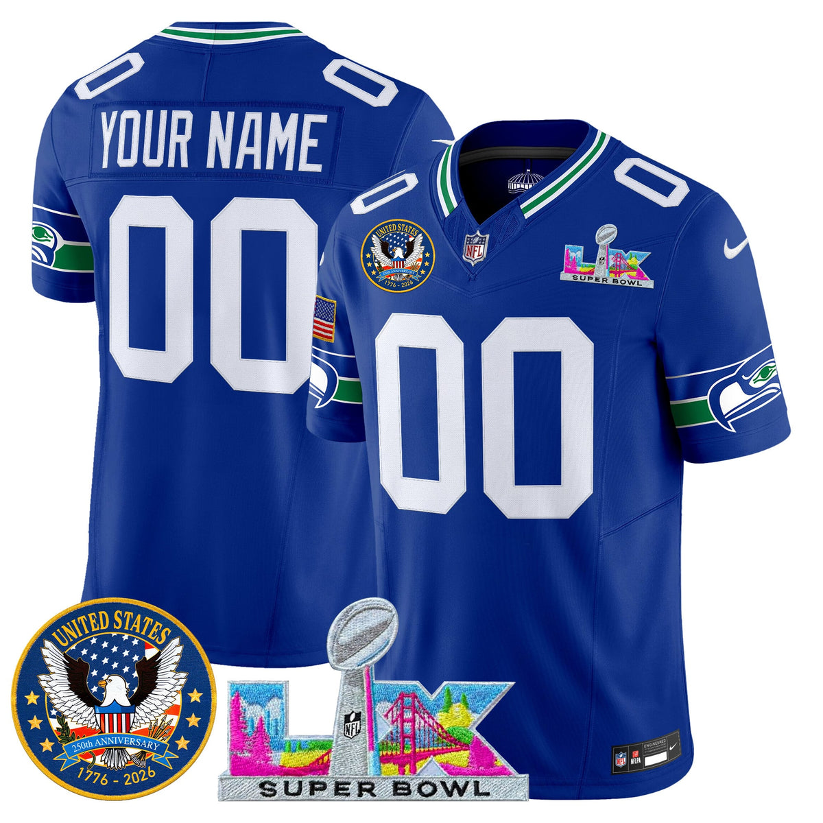 Seattle Seahawks "Super Bowl LX & United States 250th Patch" Vapor Limited Custom Jersey - All Stitched
