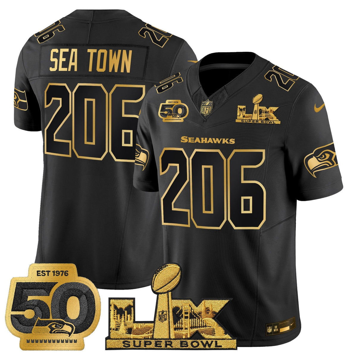 Men's Seattle Seahawks "Super Bowl LX & 50th Patch" Gold Vapor Limited Jersey - All Stitched