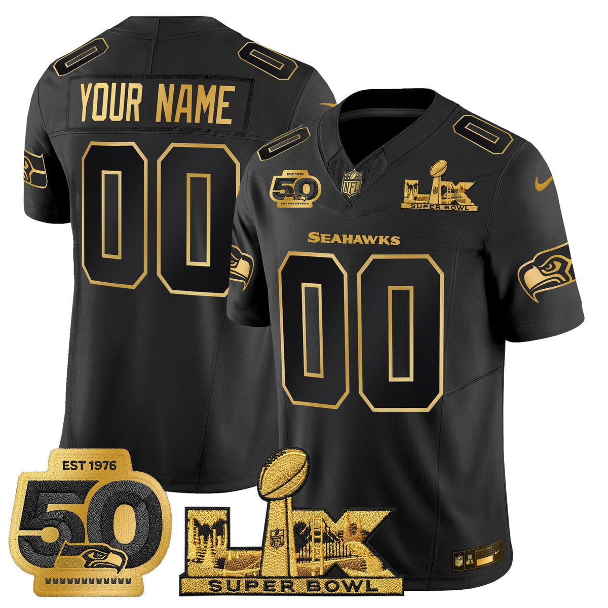 Seattle Seahawks "Super Bowl LX & 50th Patch" Gold Vapor Limited Custom Jersey - All Stitched