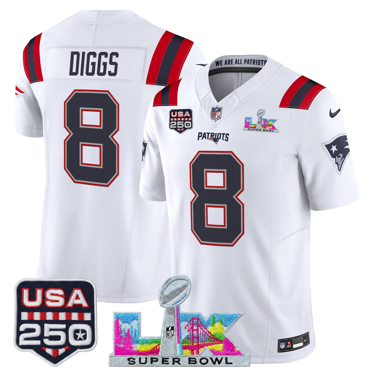 Men's New England Patriots "Super Bowl LX & United States 250th Anniversary Patch" Vapor Limited Jersey - All Stitched